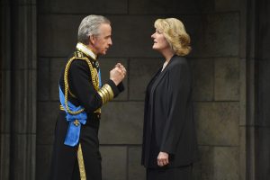 King Charles III (Robert Joy) tells Camilla (Jeanne Paulsen) about his meeting with the House of Commons in Mike Barlett's award-winning play, King Charles III, playing at A.C.T.'s Geary Theater through Sunday, October 9.